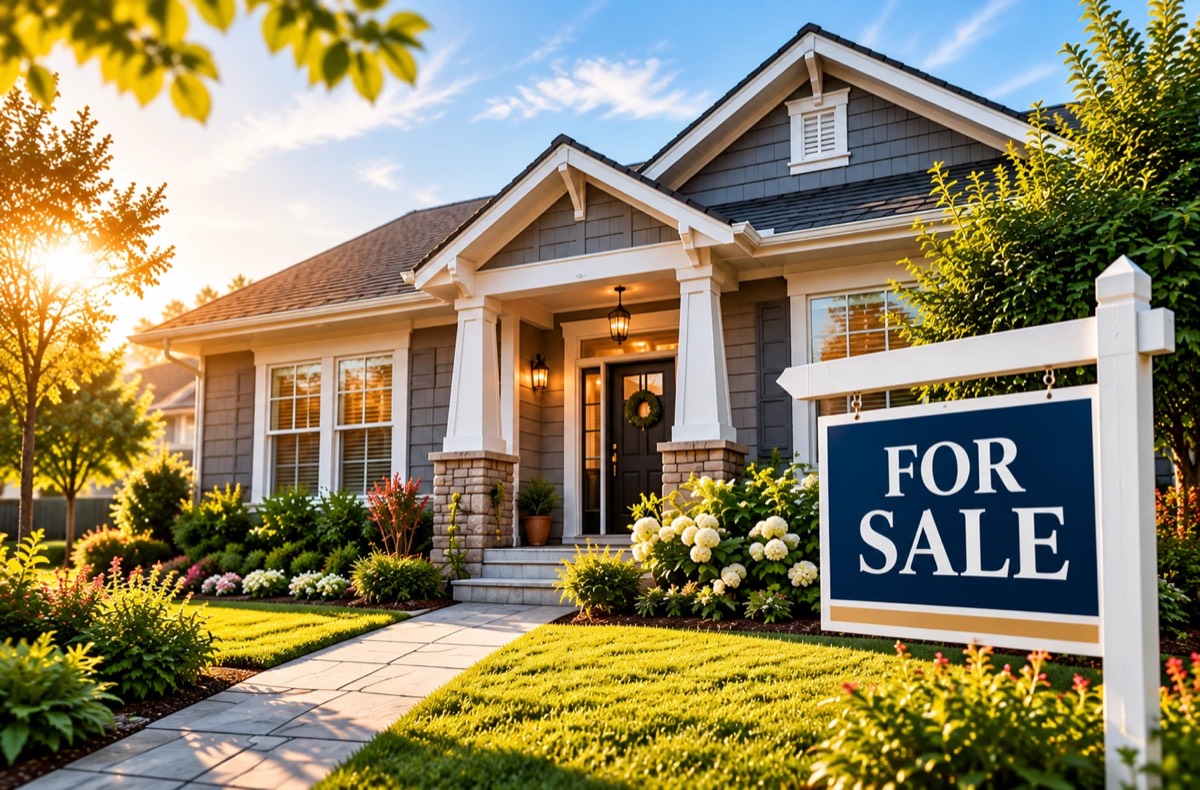 A craftsman-style home at golden hour with a For Sale sign in the yard